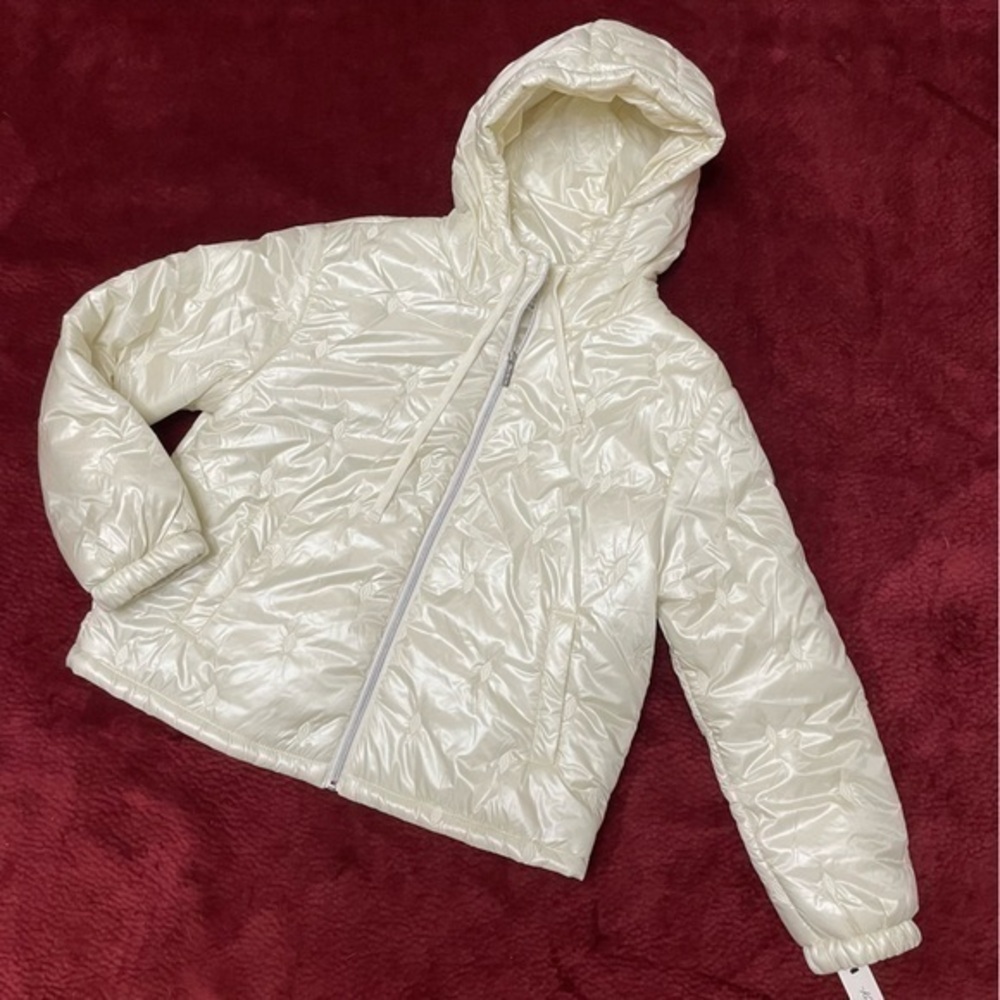 NWT ❤️ Kenneth Cole Satiny Smooth Ivory Cream Embroidered Puffer Coat Jacket, L